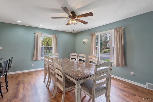 Dining room, Interior, Recessed Lighting, Wood Texture Flooring