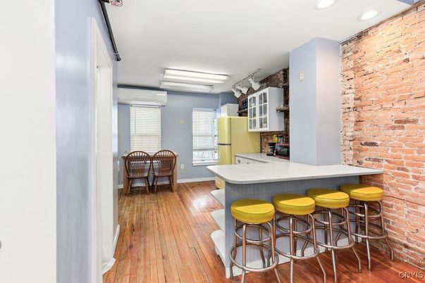 Dining room, Interior, Kitchen, Recessed Lighting, Stone Walls, Wood Texture Flooring