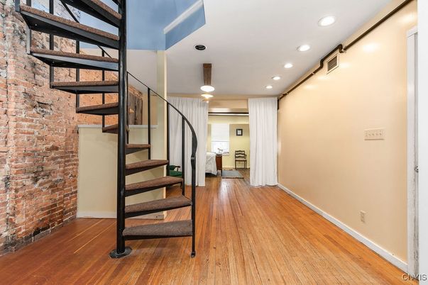Interior, Pendant Lights, Recessed Lighting, Stone Walls, Wood Texture Flooring