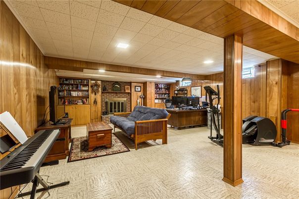 Fireplace, Interior, Piano, Recessed Lighting, Stone Walls, Wooden Walls