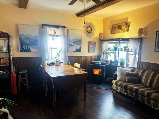Dining room, Fireplace, Interior, Wooden Beams, Wood Texture Flooring