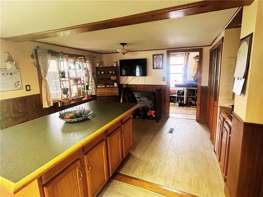 Fireplace, Interior, Kitchen, Wood Texture Flooring