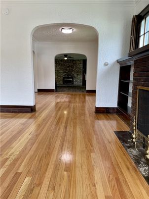 Empty room, Fireplace, Interior, Stone Walls, Wood Texture Flooring