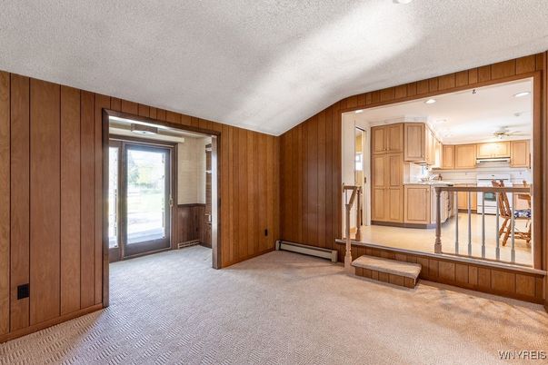 Empty room, Interior, Kitchen, Recessed Lighting, Wooden Walls