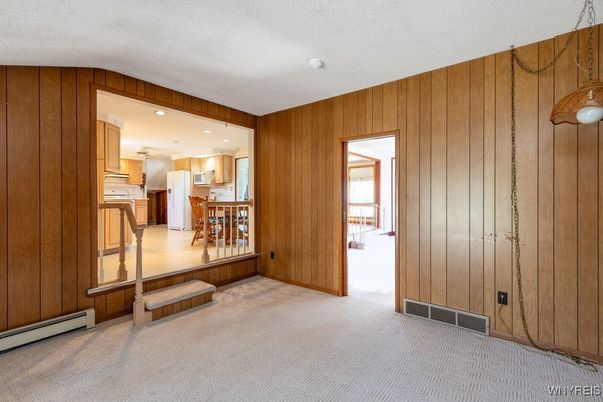Empty room, Interior, Kitchen, Pendant Lights, Recessed Lighting, Wooden Walls