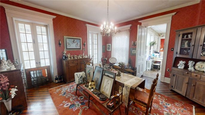 Chandelier, Dining room, Fireplace, Interior, Wood Texture Flooring