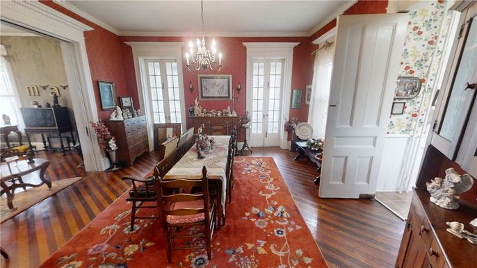Chandelier, Dining room, Interior, Wood Texture Flooring
