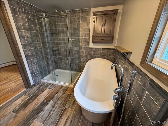 Bathroom, Free Standing Baths, Glass Shower, Interior, Wood Texture Flooring