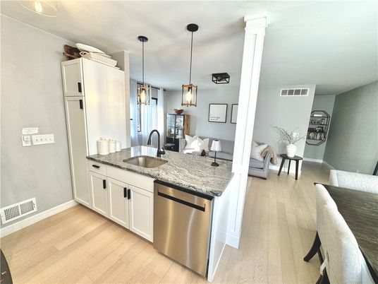 Dining room, Interior, Kitchen, Pendant Lights, Wood Texture Flooring