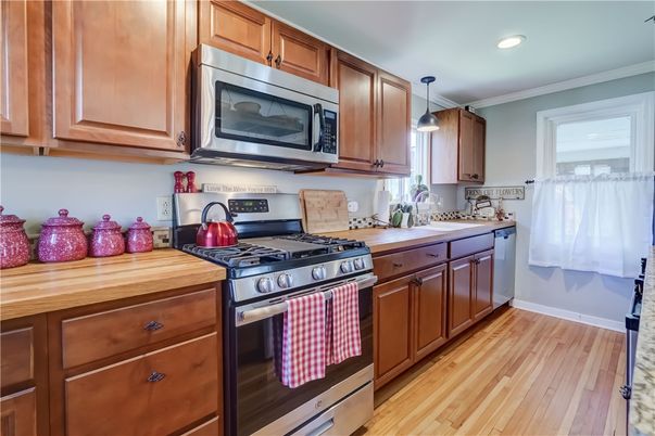 Interior, Kitchen, Pendant Lights, Recessed Lighting, Stainless Steel Appliances, Wood Texture Flooring