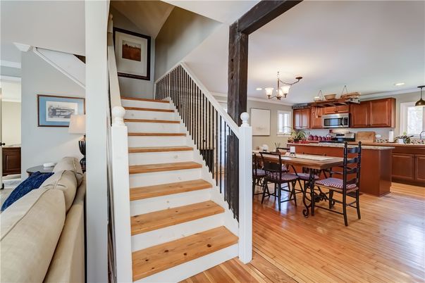 Chandelier, Dining room, Interior, Kitchen, Pendant Lights, Recessed Lighting, Stainless Steel Appliances, Wood Texture Flooring