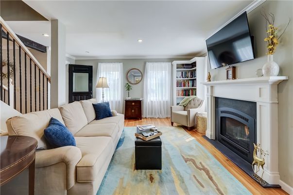 Fireplace, Interior, Living room, Recessed Lighting, Wood Texture Flooring