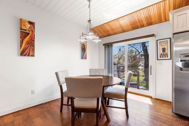 Dining room, Interior, Pendant Lights, Wood Texture Flooring