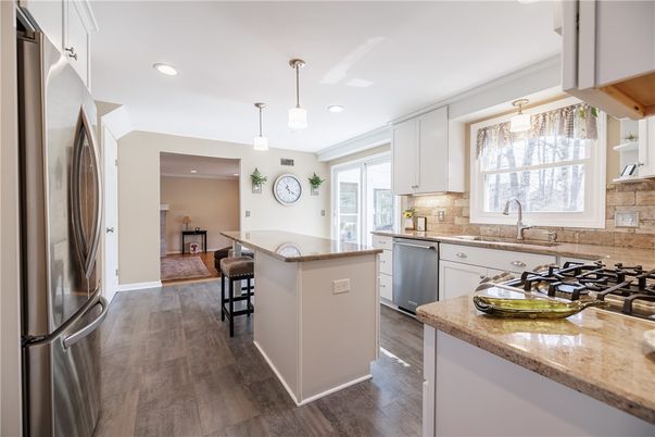 Interior, Kitchen, Pendant Lights, Recessed Lighting, Stainless Steel Appliances, Wood Texture Flooring
