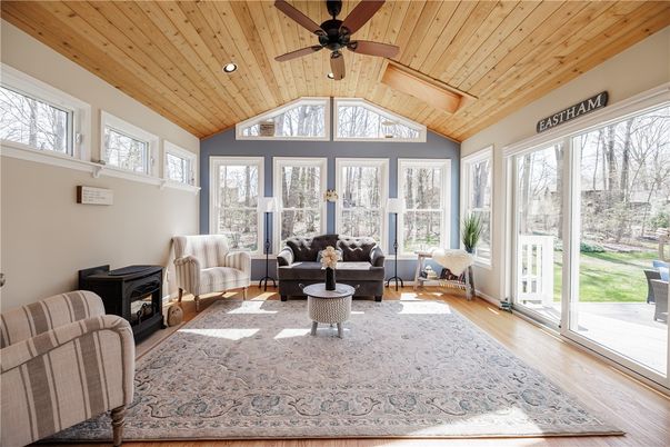 Fireplace, Interior, Living room, Recessed Lighting, Sun Room, Wooden Ceilings, Wood Texture Flooring