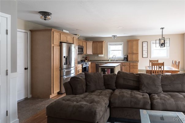 Dining room, Interior, Kitchen, Living room, Pendant Lights, Stainless Steel Appliances, Wood Texture Flooring