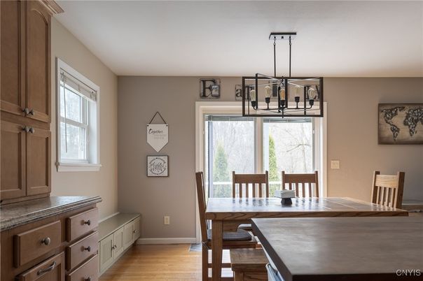 Dining room, Interior, Pendant Lights, Wood Texture Flooring