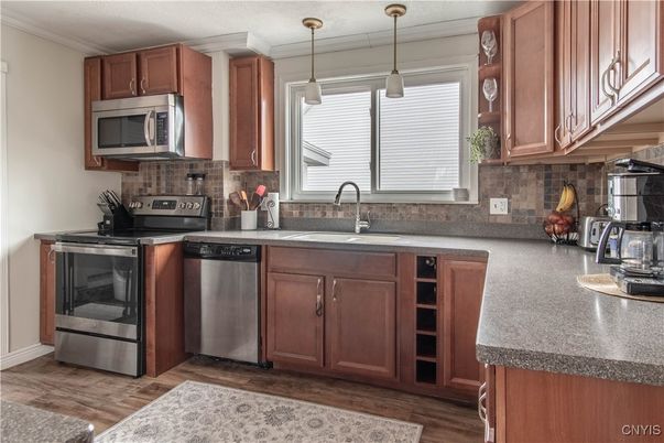 Interior, Kitchen, Pendant Lights, Stainless Steel Appliances, Wood Texture Flooring