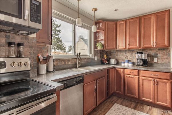 Interior, Kitchen, Pendant Lights, Stainless Steel Appliances, Wood Texture Flooring