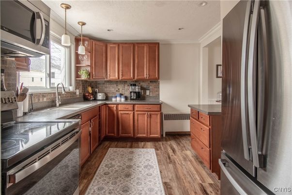 Interior, Kitchen, Pendant Lights, Recessed Lighting, Stainless Steel Appliances, Wood Texture Flooring