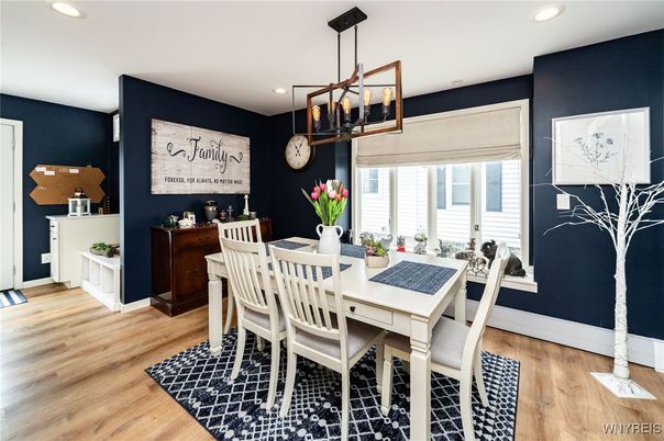Dining room, Interior, Pendant Lights, Recessed Lighting, Wood Texture Flooring