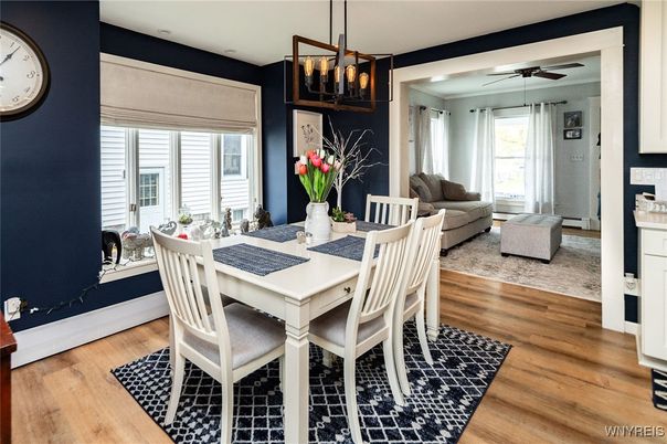 Dining room, Interior, Pendant Lights, Wood Texture Flooring
