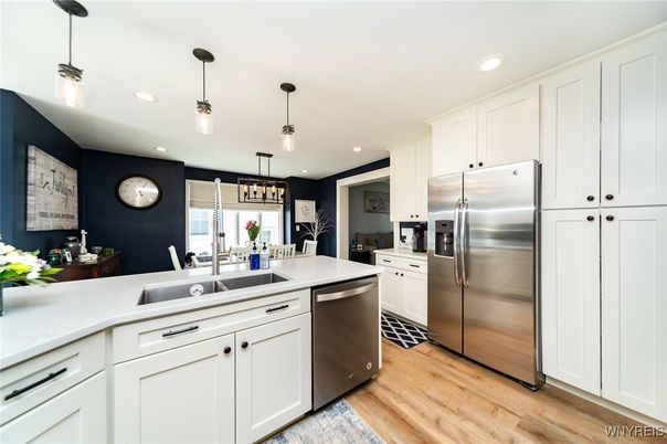 Interior, Kitchen, Pendant Lights, Recessed Lighting, Stainless Steel Appliances, Wood Texture Flooring