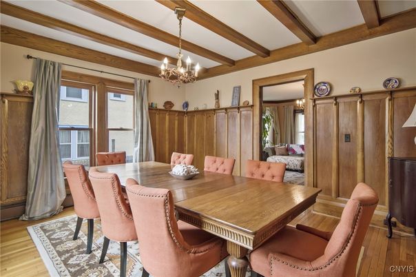 Chandelier, Dining room, Interior, Wooden Beams, Wood Texture Flooring