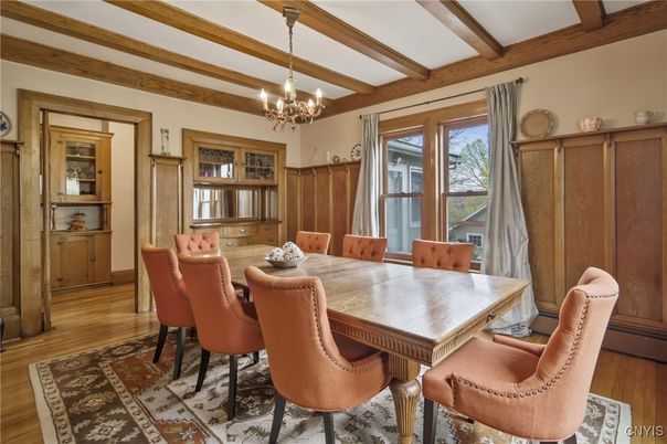 Chandelier, Dining room, Interior, Wooden Beams, Wood Texture Flooring
