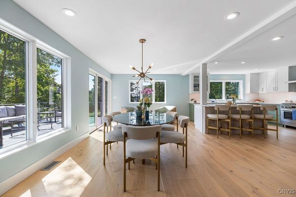 Dining room, Interior, Kitchen, Pendant Lights, Recessed Lighting, Stainless Steel Appliances, Wood Texture Flooring