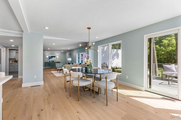 Dining room, Interior, Living room, Pendant Lights, Recessed Lighting, Wood Texture Flooring