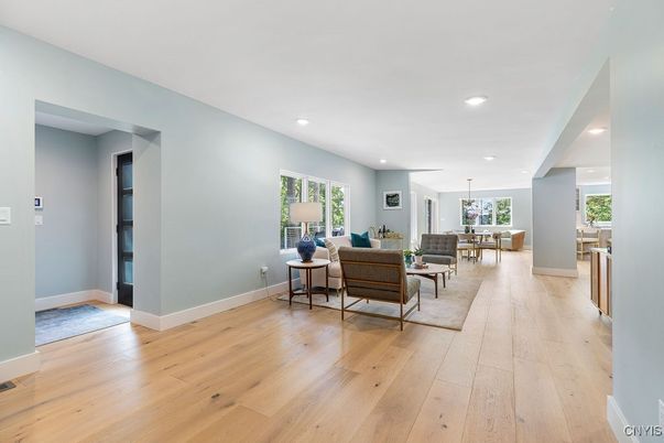 Dining room, Interior, Living room, Pendant Lights, Recessed Lighting, Wood Texture Flooring