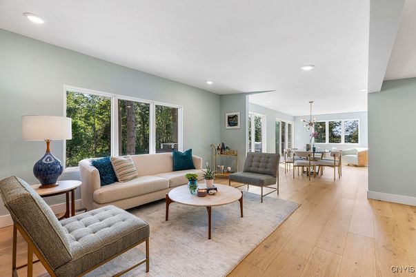Dining room, Interior, Living room, Pendant Lights, Recessed Lighting, Wood Texture Flooring