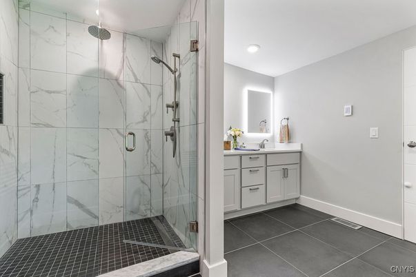 Bathroom, Glass Shower, Interior, Marble Walls, Recessed Lighting