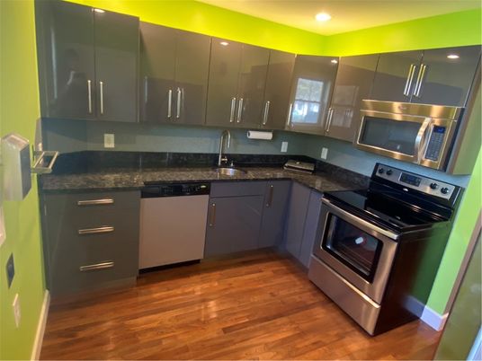 Interior, Kitchen, Recessed Lighting, Stainless Steel Appliances, Wood Texture Flooring