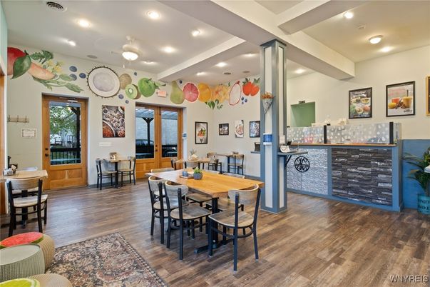 Dining room, Interior, Recessed Lighting, Wood Texture Flooring