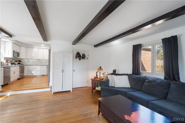 Interior, Kitchen, Living room, Recessed Lighting, Wooden Beams, Wood Texture Flooring