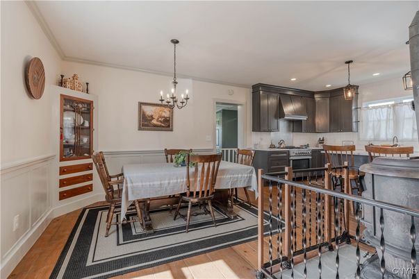 Chandelier, Dining room, Interior, Kitchen, Pendant Lights, Recessed Lighting, Wood Texture Flooring