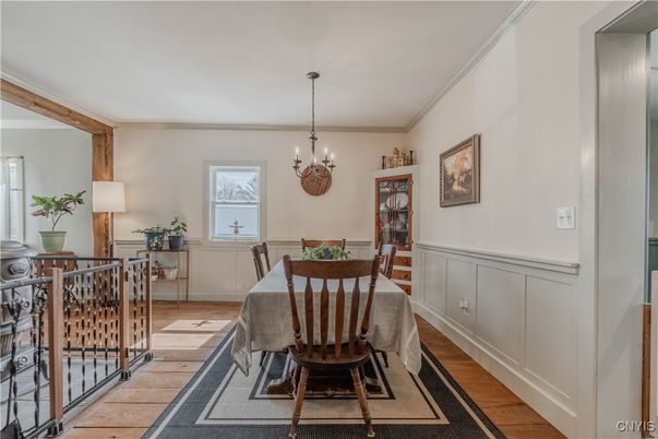 Chandelier, Dining room, Interior, Wooden Beams, Wood Texture Flooring