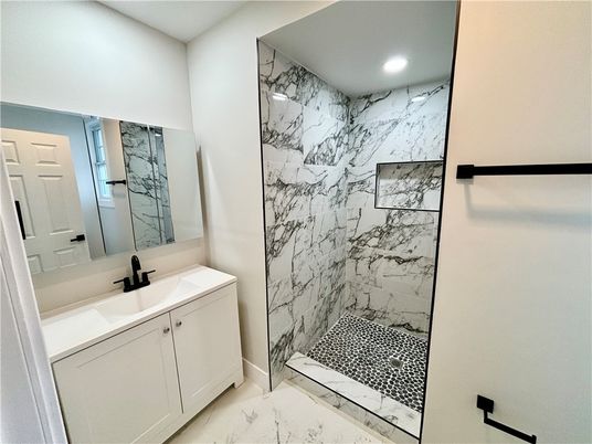 Bathroom, Glass Shower, Interior, Marble, Marble Walls, Recessed Lighting