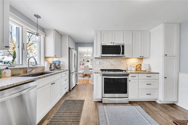 Interior, Kitchen, Pendant Lights, Stainless Steel Appliances, Wood Texture Flooring