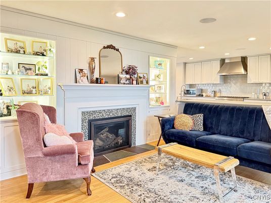 Fireplace, Interior, Kitchen, Living room, Recessed Lighting, Wood Texture Flooring