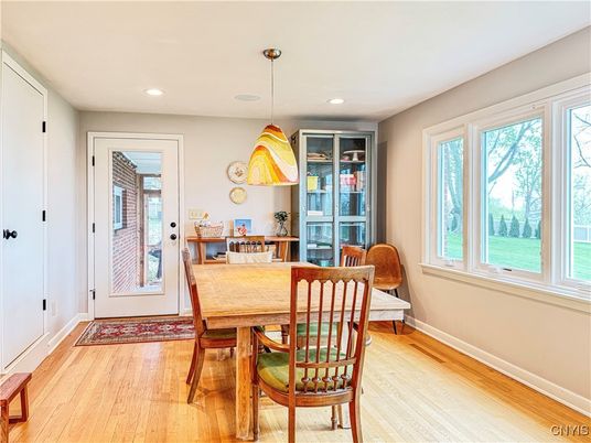 Dining room, Interior, Pendant Lights, Recessed Lighting, Wood Texture Flooring