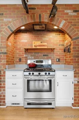 Interior, Kitchen, Recessed Lighting, Stainless Steel Appliances, Stone Walls, Wooden Beams, Wood Texture Flooring