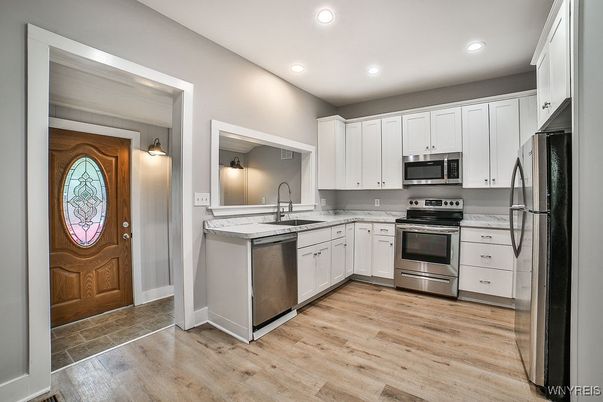 Interior, Kitchen, Recessed Lighting, Stainless Steel Appliances, Wood Texture Flooring