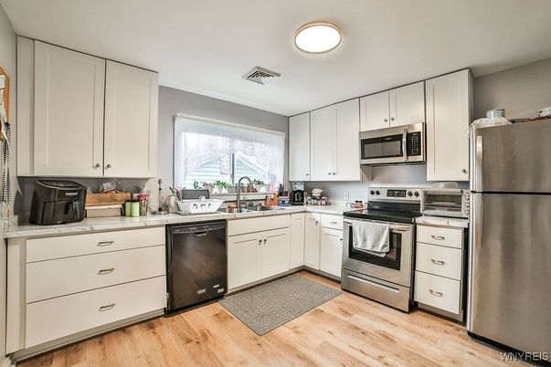 Interior, Kitchen, Stainless Steel Appliances, Wood Texture Flooring