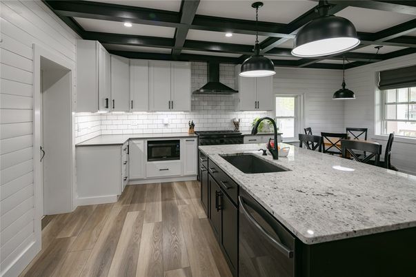 Dining room, Interior, Kitchen, Pendant Lights, Recessed Lighting, Stainless Steel Appliances, Wood Texture Flooring