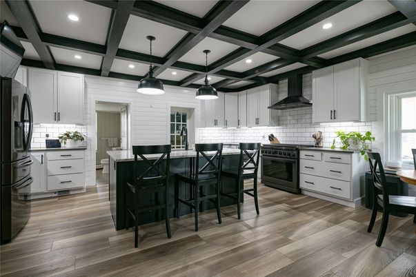 Interior, Kitchen, Pendant Lights, Recessed Lighting, Stainless Steel Appliances, Wooden Beams, Wood Texture Flooring