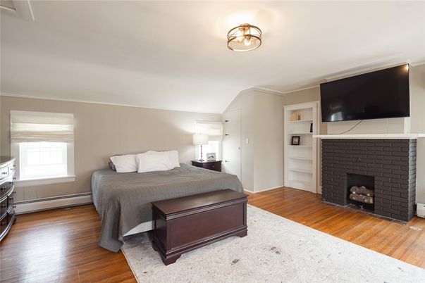 Bedroom, Fireplace, Interior, Wood Texture Flooring