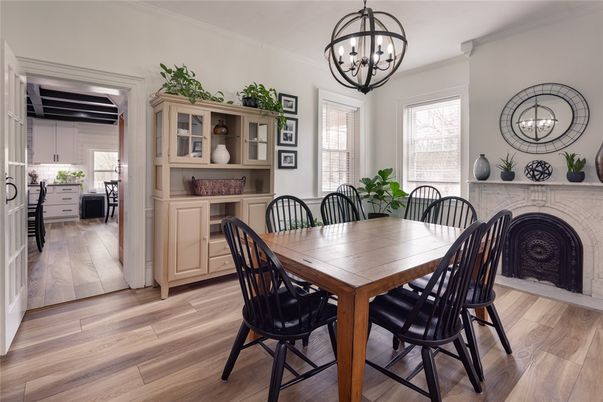 Chandelier, Dining room, Fireplace, Interior, Wood Texture Flooring